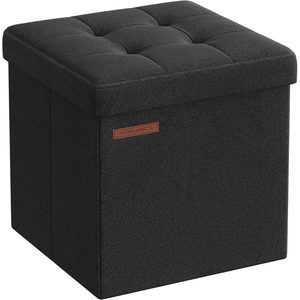 SONGMICS Taburet pliabil 30x30x30 cm, cu spatiu de depozitare, capac tapitat, MDF si imitatie in, negru