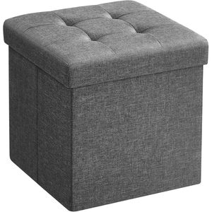 SONGMICS Taburet pliabil 30x30x30 cm, cu spatiu de depozitare, capac tapitat, MDF si imitatie in, gri