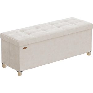 SONGMICS Bancuta depozitare pliabila cu picioare din lemn, 112 litri, sezut din catifea, capacitate 300 kg, 38x110x40 cm, bej cappuccino