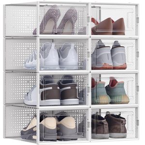 SONGMICS Organizator pantofi cutii stivuibile, cu usa transparenta, plastic, 8 module de 33x23x14 cm, alb