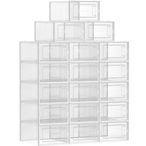 SONGMICS Cutii de pantofi, set de 18 organizatoare stivuibile, structura rezistenta ABS, 34x23x14cm, transparent