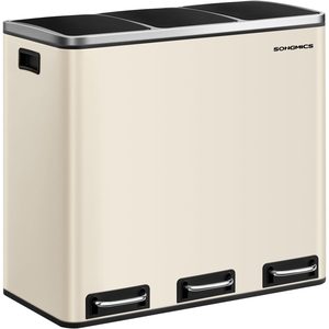SONGMICS Cos de gunoi colectare selectiva cu 3 compartimente 3 x 18L, capace soft close, pedale, otel, 61x32x56 cm, bej