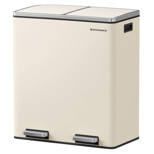 SONGMICS Cos de gunoi dublu colectare selectiva, 2x30L, cu pedale si capac soft close, galeata interioara, otel, 62x59x36 cm, crem