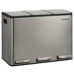 SONGMICS Cos reciclare 3 compartimente 45 L, galeti detasabile cu maner si capace soft close, inox, 46x35x62 cm, argintiu