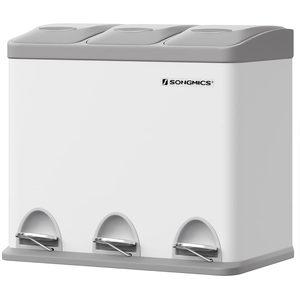 SONGMICS Cos de gunoi din otel cu 3 compartimente colectare selectiva, cu galeti interioare, 3x8litri, alb si gri