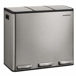 SONGMICS Cos de gunoi din inox cu 3 compartimente colectare selectiva, cu galeti interioare, inchidere lenta, 3x18 litri, gri argintiu