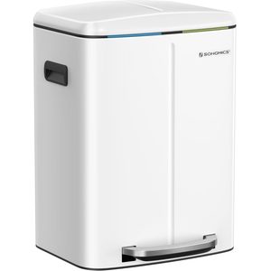 SONGMICS Cos de gunoi dublu colectare selectiva 2x20L, cu pedale si capac soft close, galeata interioara, otel, 45x58x32 cm, alb
