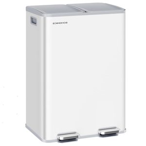 SONGMICS Cos de gunoi 2x30L, cu 2 compartimente, capac soft-close si galeti interioare, otel, alb mat