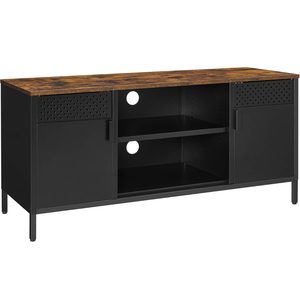 SONGMICS Comoda TV 120x40x55 cm, 3 rafturi reglabile, 2 usi, stil vintage, PAL si otel, maro-negru mat