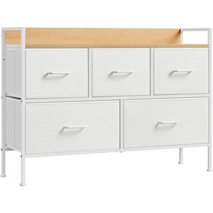 SONGMICS Comoda cu 5 sertare textile, cadru metalic si blat din PAL, design industrial, 98x29x70 cm, alb si stejar