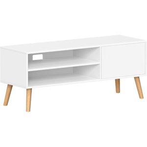 VASAGLE Comoda pentru TV de pana la 120 cm, 2 rafturi si dulap push-open, PAL si lemn, 120x40x49 cm, alb