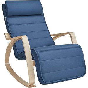 SONGMICS Scaun balansoar din lemn, suport picioare reglabil, maxim 150kg, 122x67x84 cm, albastru inchis