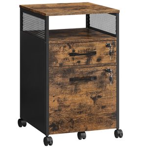 VASAGLE Dulap mobil 42x44x69 cm, cu 2 sertare si roti cu frana, compartiment deschis si suport dosare, PAL si otel, maro rustic si negru