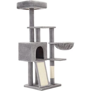 FEANDREA Ansamblu de joaca pisici, 4 niveluri, stalpi sisal, cos, vizuina si placa de zgariat, 46x41x135 cm, gri deschis