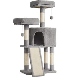 FEANDREA Ansamblu de joaca pisici, tip copac, cu 2 culcusuri si ascunzatoare, 50x35x115 cm, gri deschis