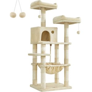 FEANDREA Ansamblu de joaca pentru pisici, tip copac, cu 3 culcusuri si ascunzatoare, 55x45x142 cm, bej