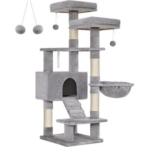 FEANDREA Ansamblu de joaca pentru pisici, tip copac, cu 3 culcusuri si ascunzatoare, 50x45x142cm, gri deschis