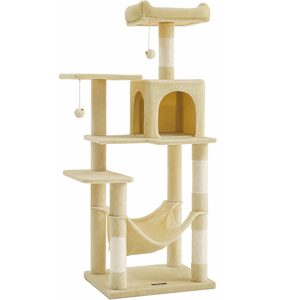 FEANDREA Ansamblu joaca pentru pisici cu 2 platforme, pestera, hamac si stalpi sisal, 55x45x143 cm, bej