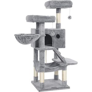FEANDREA Ansamblu de joaca pentru pisici, tip copac, cu 3 culcusuri, hamac si ascunzatoare, 49x49x135cm, gri