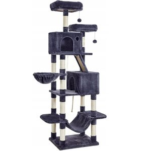 FEANDREA Ansamblu de joaca pentru pisici, tip copac, cu 3 culcusuri, hamac si 2 ascunzatoare, 60x50x206cm, gri inchis