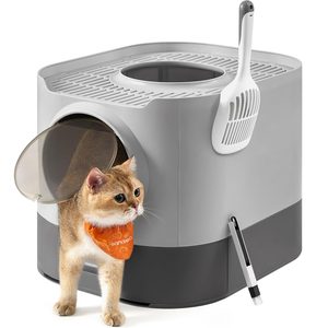 FEANDREA Litiera pentru pisici XXL cu capac, tava extensibila si accesorii incluse, din plastic PP, 54x43x40 cm, gri