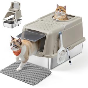 FEANDREA Litiera inchisa pentru pisici XL, inox, capac rabatabil 180°, intrare dubla, lopatica si perie incluse, 61x41x37 cm, bej