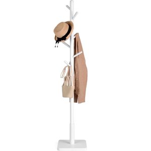 VASAGLE Cuier pentru haine, din lemn masiv, tip pom, cu 8 carlige, baza patrata, 175cm, alb