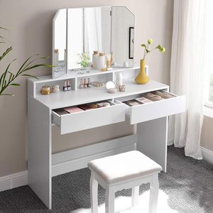 VASAGLE Masa de toaleta cu oglinda rabatabila si 2 sertare, 3 compartimente deschise, 100x40x142cm, alb