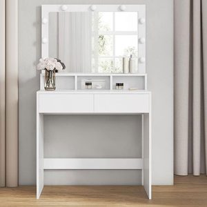 VASAGLE Masa de toaleta cu oglinda, iluminare LED, 2 sertare si 3 compartimente deschise, 80x40x140cm, modern, alb