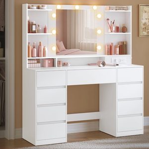 VASAGLE Masa de toaleta Kailyn cu oglinda LED, 9 sertare, MDF, 2 prize si porturi USB, 40x107x144 cm, alb