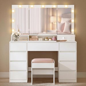 VASAGLE Masa de toaleta Kailyn cu oglinda tripla, 11 becuri LED, 9 sertare, prize si USB, taburet inclus, 107x40x144 cm, alb