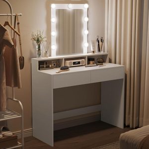 VASAGLE Masa de toaleta cu oglinda LED cu luminozitate reglabila, 2 sertare si 3 compartimente, 100x40x145 cm, alb