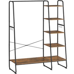 VASAGLE Raft pentru haine cu suport pentru pantofi, 5 polite, 6 carlige laterale, 45x120x160cm, maro rustic si negru