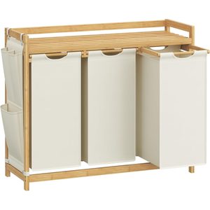 SONGMICS Cos rufe cu 3 compartimente si raft superior din bambus, 3 x 50 litri, saci detasabili, 94x33x78 cm, maro natur