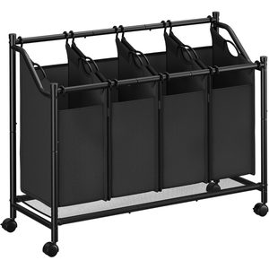 SONGMICS Cos de rufe mobil cu 4 saci detasabili cu manere, 180 litri, cadru metalic, 105x39x81 cm, negru