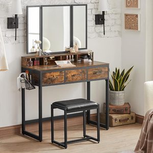 VASAGLE Masuta toaleta 90x40x141 cm, cu 3 sertare, oglinda tripla si taburet, lemn si otel, maro rustic si negru