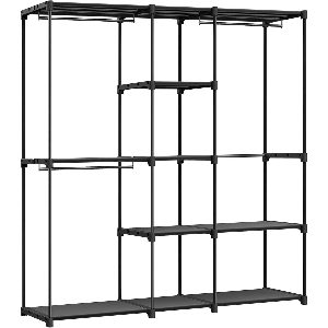 SONGMICS Dulap portabil pentru haine cu 3 bare de suspendare si rafturi, structura metalica, 43x182x182 cm, negru
