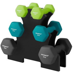 SONGMICS Set 6 gantere hexagonale cu suport, 2x1 kg 2x2 kg 2x3 kg, multicolor