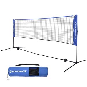 SONGMICS Fileu badminton portabil cu geanta transport, pentru tenis si volei, 400x103 cm, inaltime reglabila pana la 155 cm, albastru