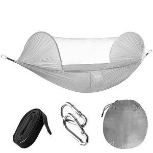 Hamac dublu din material parasuta 140x260cm, cu plasa de tantari si geanta transport, gri