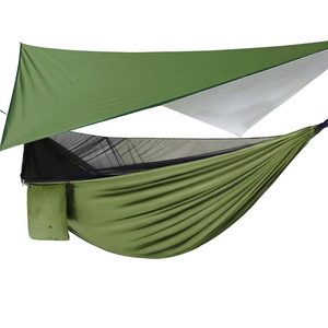 Hamac dublu din material parasuta 140x260cm, cu plasa de tantari si baldachin impermeabil, 200kg, verde