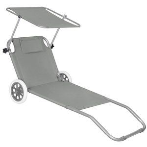 Sezlong pliabil pentru plaja, cu roti, parasolar reglabil si buzunar depozitare, 150x61 cm, 120 kg, gri