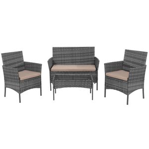 Set mobilier terasa, din tehnorattan, masa cu blat sticla securizata, 2 fotolii si 1 canapea cu perne, gri