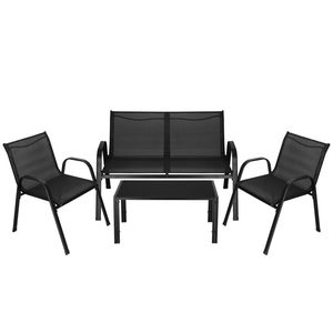 Set mobilier gradina 4 piese, masa cu sticla securizata, 2 scaune si canapea, cadru metalic, negru