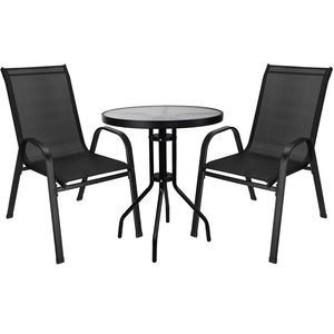 Set mobilier gradina, 2 scaune si masa rotunda, blat sticla, cadru metalic, 60x70 cm, negru