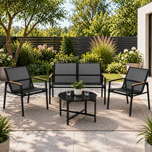 Set mobilier gradina 4 locuri, canapea 2 locuri, 2 scaune si masa rotunda sticla, cadru metalic, 119x71x82 cm, negru