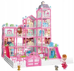 Casa de papusi pentru copii cu 374 piese, animale, mobilier si accesorii, 80x60x50 cm, roz