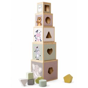 Cuburi educative din lemn 5 piese cu forme geometrice, 48 cm, multicolor