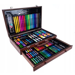 Set desen si pictura XL 130 piese cu valiza din lemn, 37x23x8 cm, multicolor