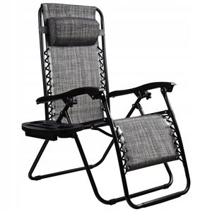 Sezlong pliabil pentru gradina cu tetiera, cadru metalic, suport pahare, maxim 120 kg, 174x65x112 cm, gri